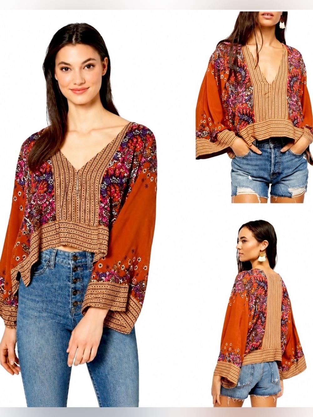 Free People Mix N Match Floral Bell Sleeve Boho Crop Top XS 100% Cotton Hi-Low V